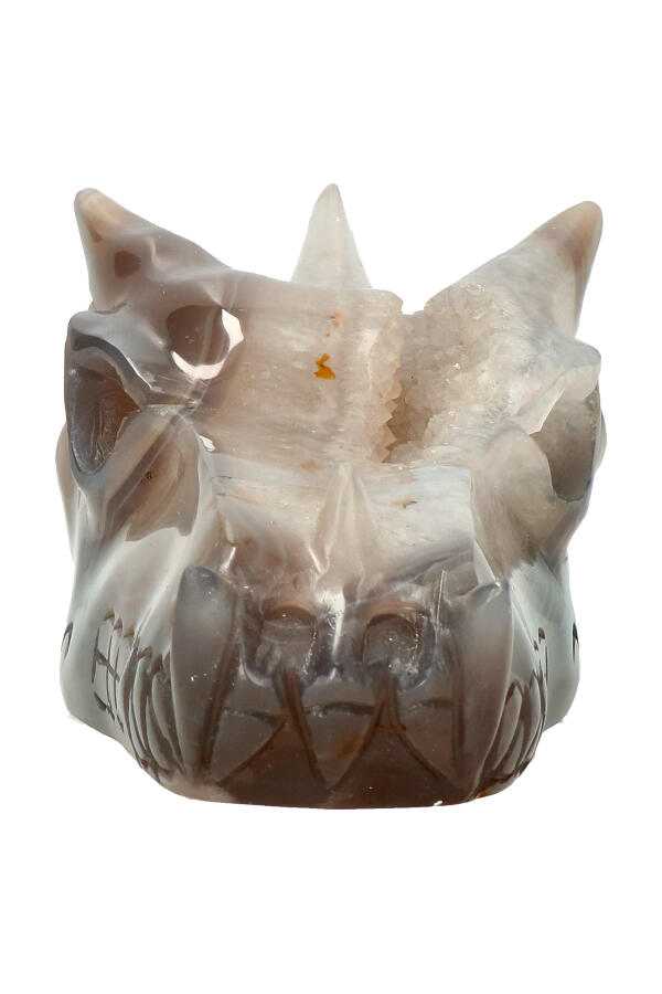 Agaat geode kristallen drakenschedel, 13 cm, 498 gram