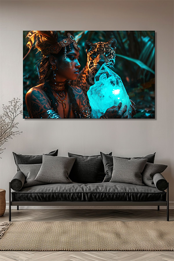 glasschilderij oorsprong heling met een indiaanse vrouw een jaguar en bergkristal in de jungle