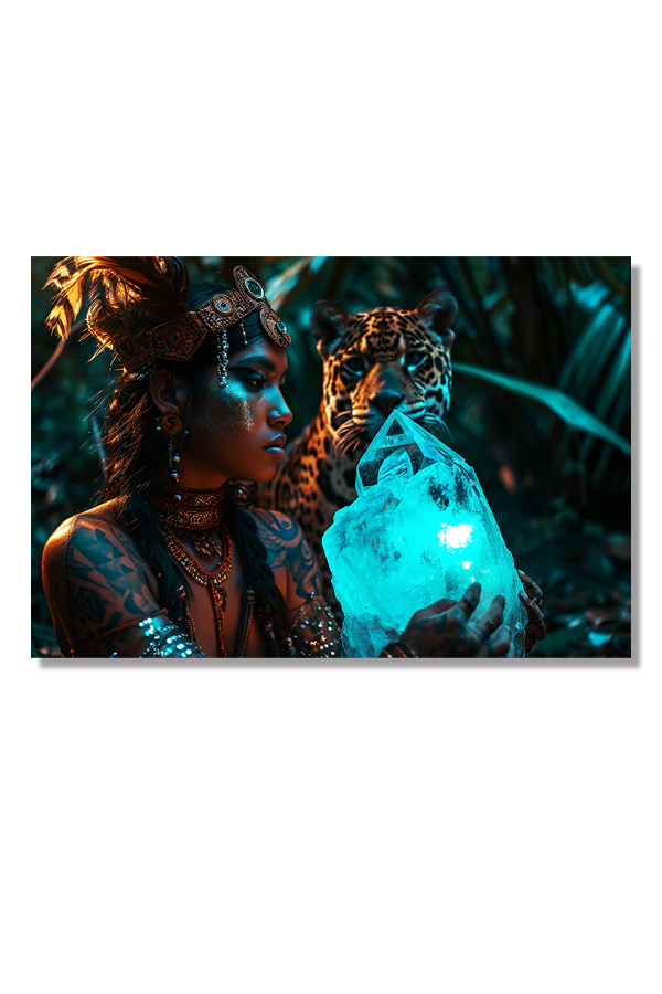 glasschilderij oorsprong heling met een indiaanse vrouw een jaguar en bergkristal in de jungle