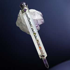 Seleniet chakra healingwand met Amethist bol en punt