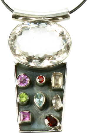 Bergkristal zilveren hanger met diverse stenen, 4.5 cm
