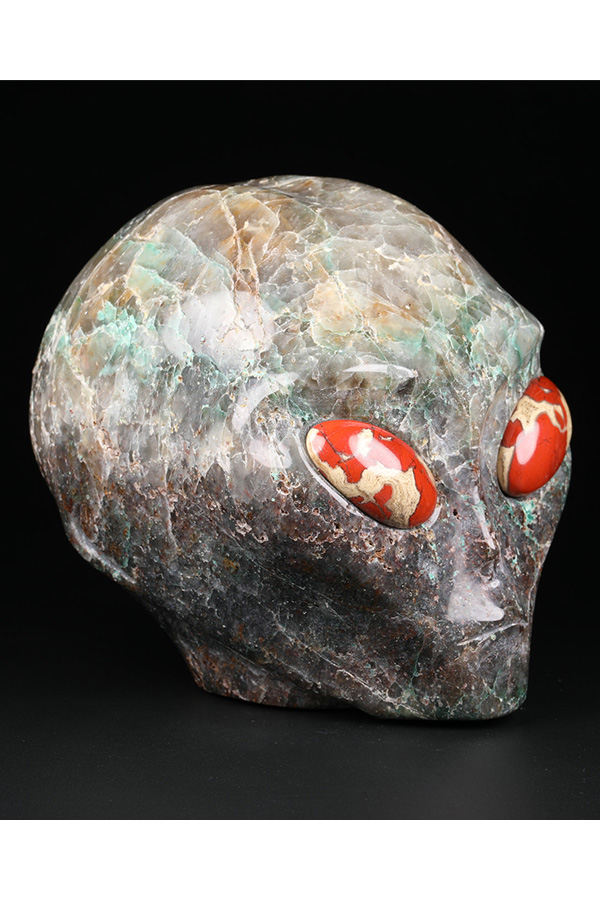 Chrysocolla met Rookkwarts starchild Alien kristallen schedel met Rode Jaspis ogen, 9.5 cm, 1.1 kg - Afbeelding 2