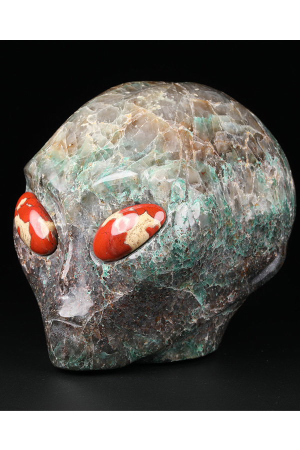 Chrysocolla met Rookkwarts starchild Alien kristallen schedel met Rode Jaspis ogen, 9.5 cm, 1.1 kg - Afbeelding 3
