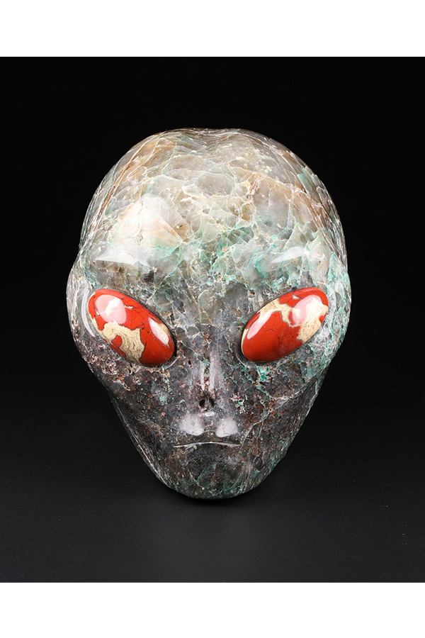 Chrysocolla met Rookkwarts starchild Alien kristallen schedel met Rode Jaspis ogen, 9.5 cm, 1.1 kg