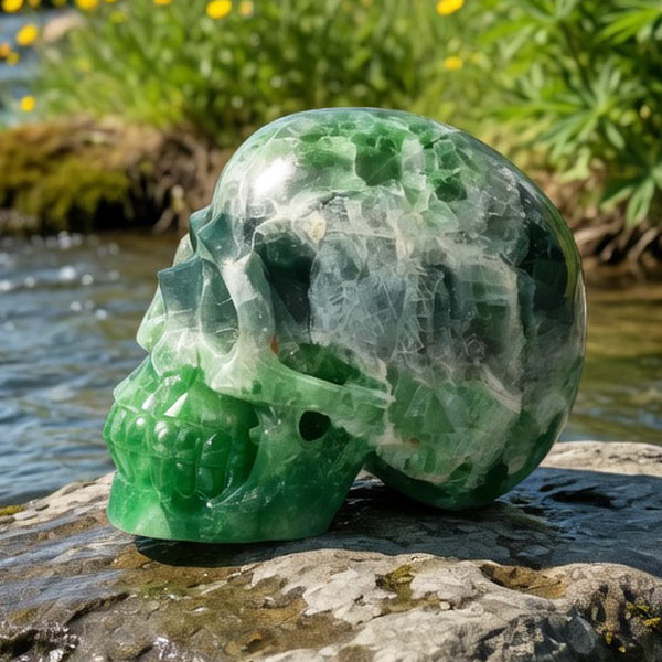 Groene en Blauwe Fluoriet realistische kristallen schedel, 12.6 cm, 1.52 kg