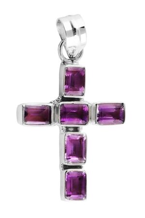 Amethist kruis hanger zilver, 5 cm, 925 sterling