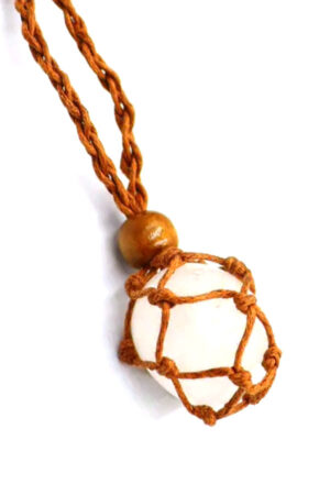 Bergkristal trommelsteen gevlochten kooi hanger, bruine ketting