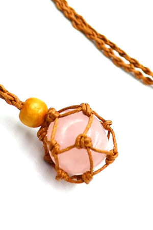 Rozenkwarts trommelsteen gevlochten kooi hanger, bruine ketting