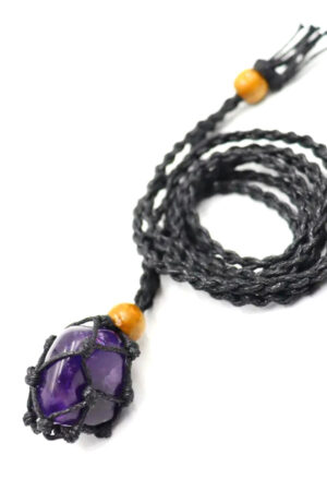Amethist trommelsteen gevlochten kooi hanger, zwarte ketting