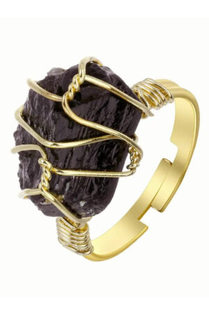 Obsidiaan ruwe steen, 1-2 cm, in goudkleurig draad verstelbare ring