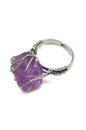 Amethist ruwe steen, 1-2 cm, in zilverkleurig draad verstelbare ring
