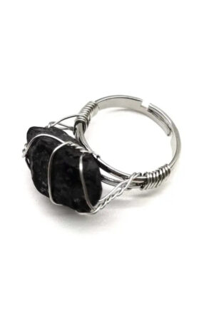 Obsidiaan ruwe steen, 1-2 cm, in zilverkleurig draad verstelbare ring