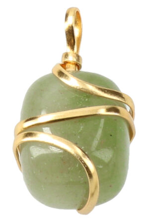 Licht-groene Jade spiraal hanger, goudkleurig, trommelsteen, circa 2 cm