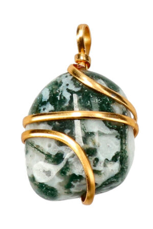 Mosagaat spiraal hanger, goudkleurig, trommelsteen, circa 2 cm