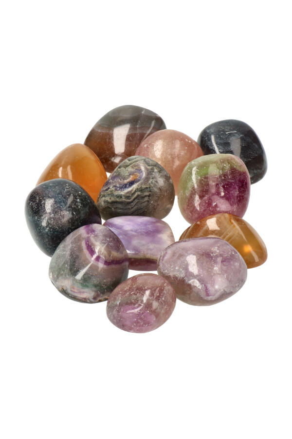 Regenboog Fluoriet trommelstenen, 1 steen of per zak van 100 gram tot 1 kilo, circa 2.5 cm