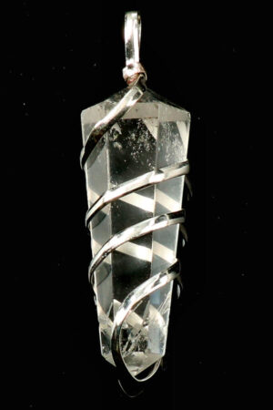 Bergkristal spiraal dubbelpunt hanger verzilverd, circa 4 cm