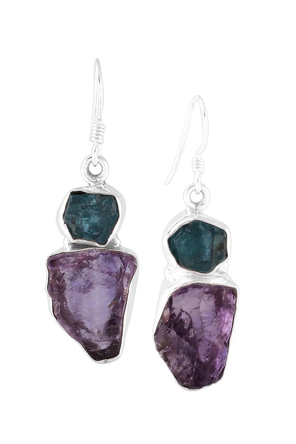 Oorbellen zilver Apatiet met Amethist ruw, 4 cm, 925 sterling 1 Oorbellen zilver Apatiet met Amethist ruw, 4 cm, 925 sterling