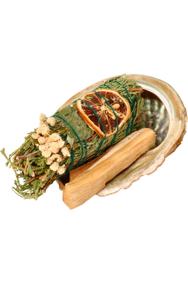Huisreiniging pakket, Aborvitae en Sinaasappel smudge, Palo Santo en een Abalone schelp