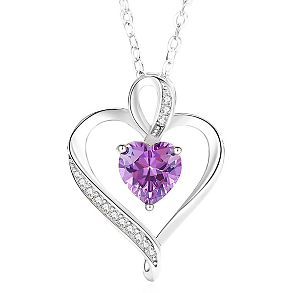 Amethist hart hanger met ketting, 925 sterling zilver - 45 cm