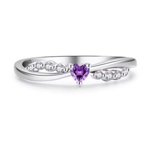 Amethist hart ring met natuurlijke zirkoon, 925 sterling zilver