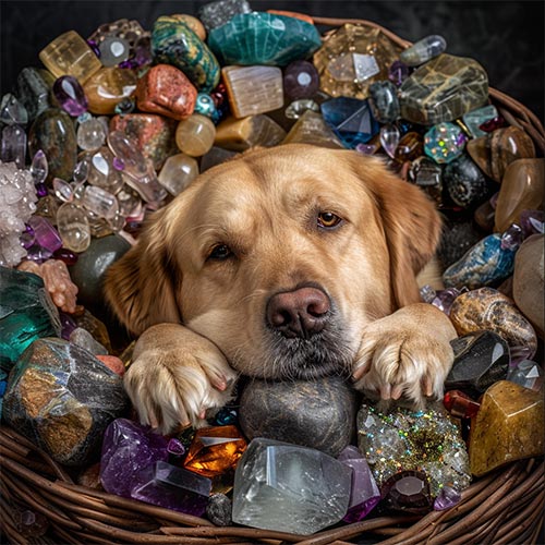 een hond in zijn mand vol met edelstenen