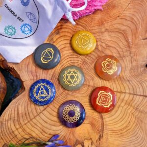 7 Chakra legger set in satijnen zakje, circa 3 cm per legger