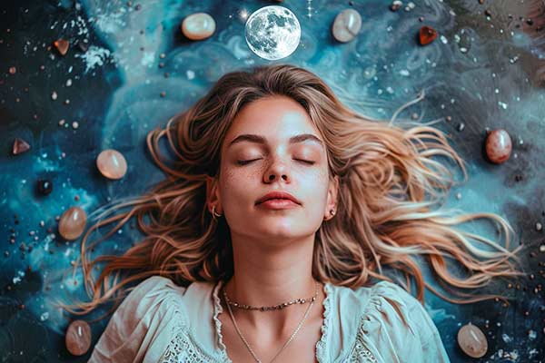 vrouw aan het mediteren met edelstenen een kreeft meditatie