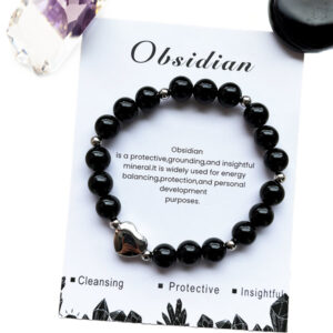 Obsidiaan armband met zilverkleurig hartje, 8 mm, 18-19 cm