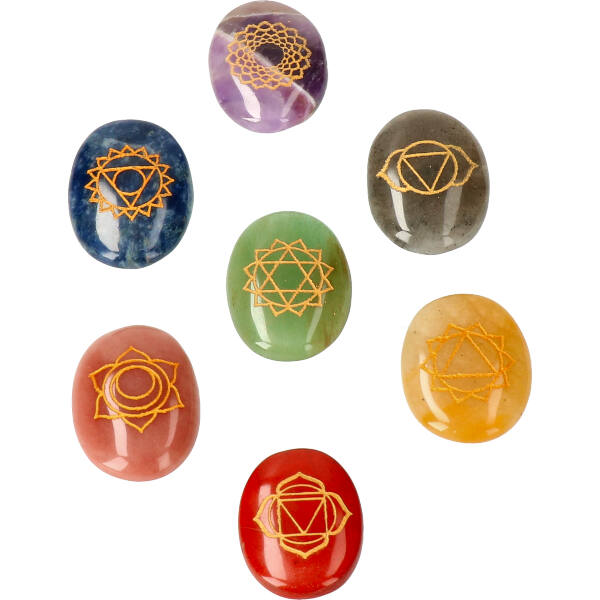 7 Chakra ovale legger set in leuk satijnen zakje, circa 4 cm per legger