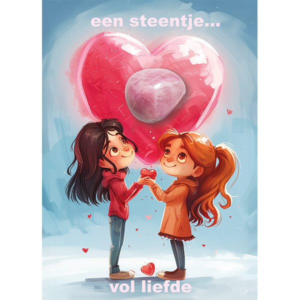 Wenskaart met Rozenkwarts edelsteen 'Liefde', Rozenkwarts circa 2 a 2.5 cm