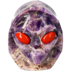 Chevron Amethist Hooded starchild Alien kristallen schedel met Rode Jaspis ogen, 11 cm, 1.83 kg