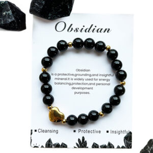 Obsidiaan armband met goudkleurig hartje, 8 mm, 18-19 cm